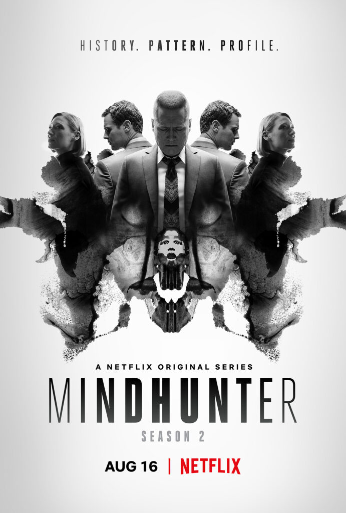 Cover image of the TV show Mindhunter, showing a collection of portraits of the main characters in the shape of an inkblot