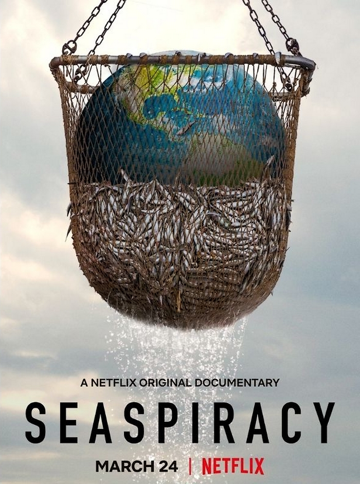 Cover image of the documentary Seaspiracy, showing a large hauled fishing net with a large amount of fish and our planet in it