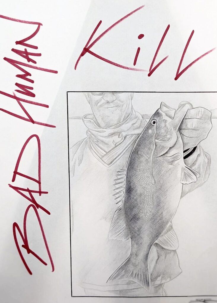 Artwork from an inmate, showing a drawing of a man holding the fish he caught 