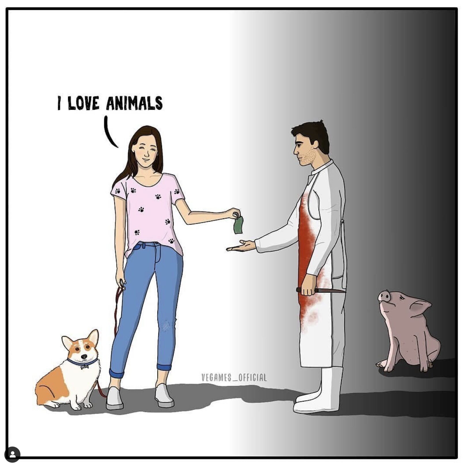 Illustration of a woman with her dog on a leash, paying a slaughterhouse worker to kill the pig that sits next to him