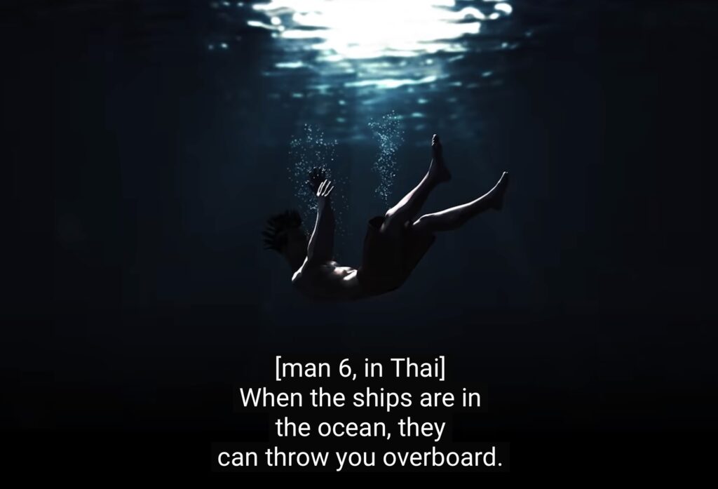 Scene from the documentary Seaspiracy, showing a man thrown overboard into the deep sea