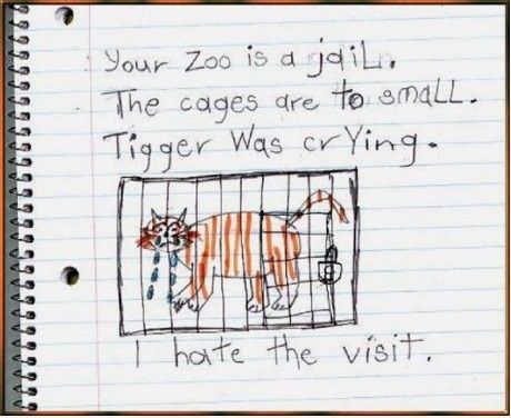 A kid's drawing of a tiger crying in his cage at the zoo
